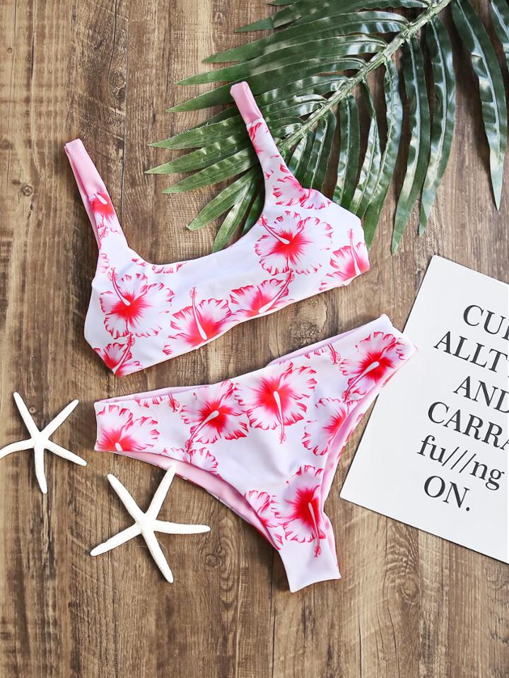 Romwe White Floral Print Scoop Neck Bikini Set