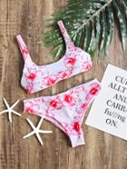 Romwe White Floral Print Scoop Neck Bikini Set