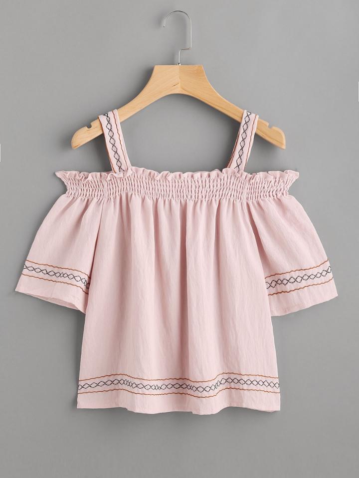 Romwe Cold Shoulder Shirred Detail Top