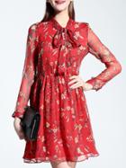 Romwe Red Tie Neck Floral A-line Dress