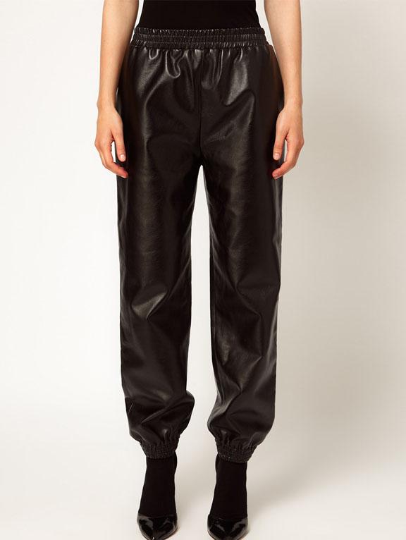 Romwe Elastic Waist Pu Beam Port Pant