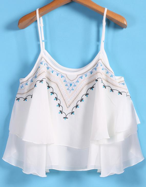 Romwe Spaghetti Strap Embroidered Beige Vest