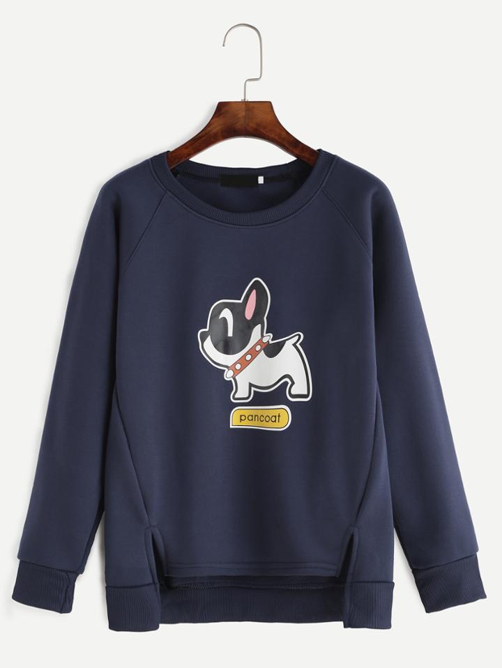 Romwe Navy Dog Print Raglan Sleeve Dip Hem Slit Sweatshirt