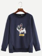 Romwe Navy Dog Print Raglan Sleeve Dip Hem Slit Sweatshirt