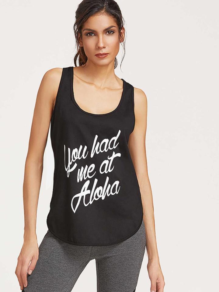 Romwe Black Letter Print Racerback Curved Hem Tank Top