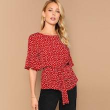 Romwe Flounce Sleeve Heart Print Belted Top