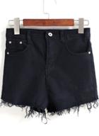 Romwe Black Pockets Tassel Denim Shorts
