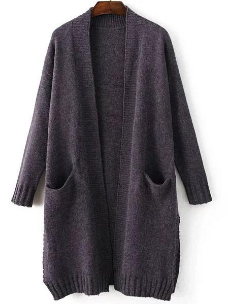 Romwe Blue Collarless Ribbed Trim Slit Long Sweater Coat