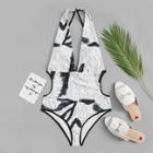 Romwe Graphic Print Deep Plunge Tie Back Monokini