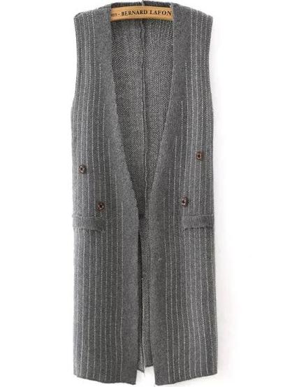 Romwe Vertical Striped Slit Buttons Grey Sweater Vest
