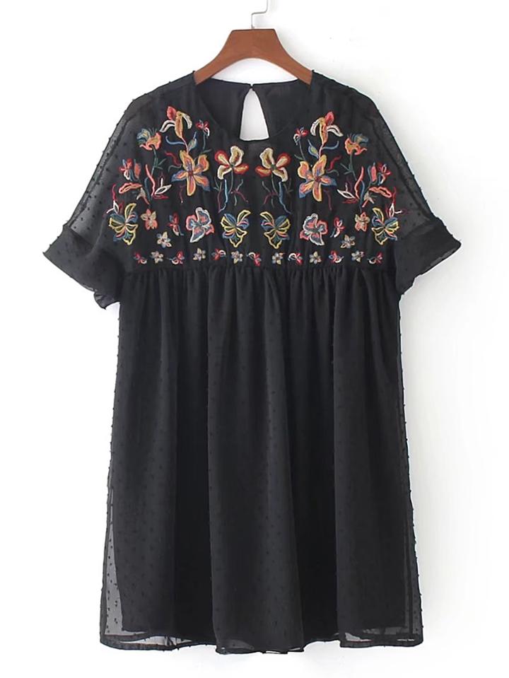 Romwe Flower Embroidery Open Back Dress