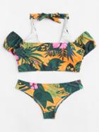 Romwe Palm Print Off The Shoulder Bikini Set