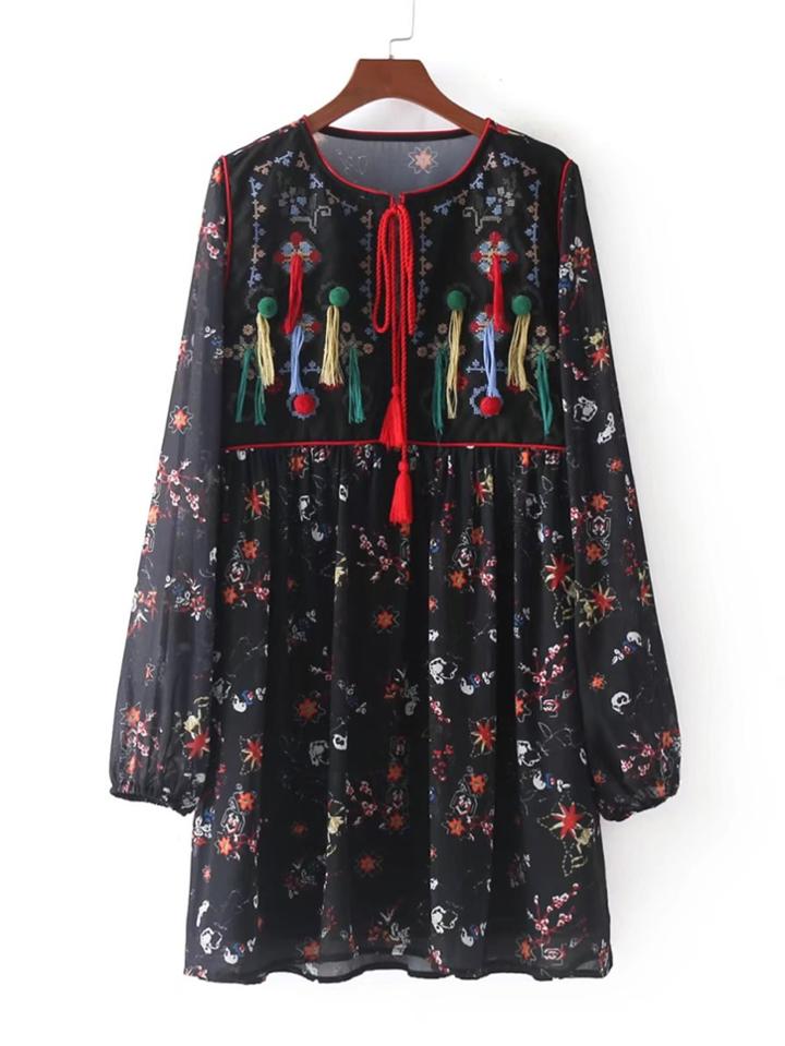 Romwe Fringe & Pom Decor Calico Print Dress