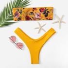 Romwe Floral Print Bandeau With High Leg Bikini Set