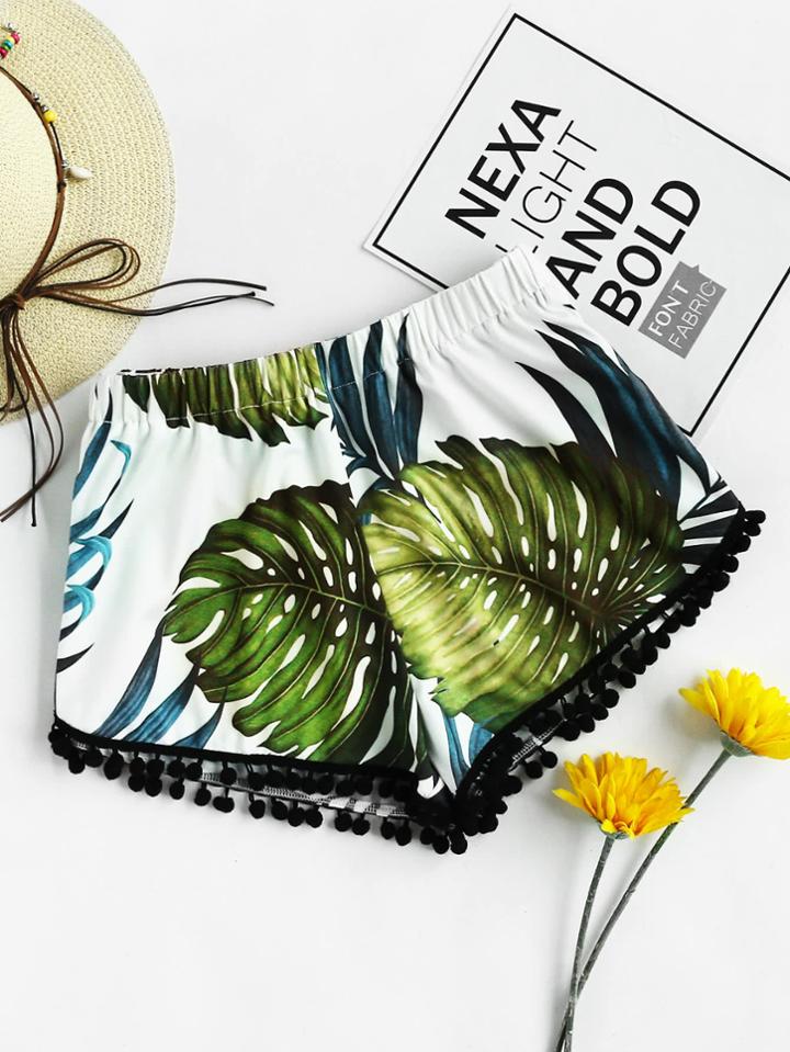 Romwe Pom Pom Trim Elasticized Tropical Shorts