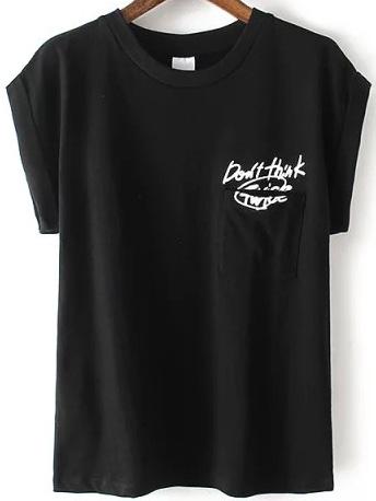 Romwe Letter Print Cuffed Black T-shirt With Pocket