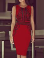 Romwe Sleeveless Abstract Print Official Red Dress