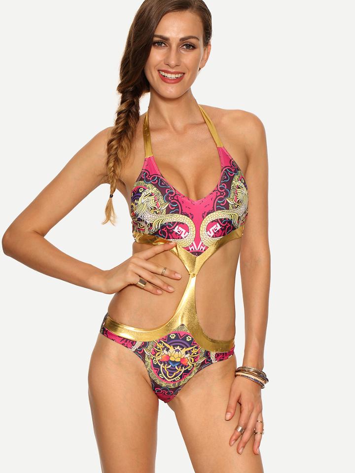 Romwe Contrast Trim Cutout Dragon Print One-piece Swimwear