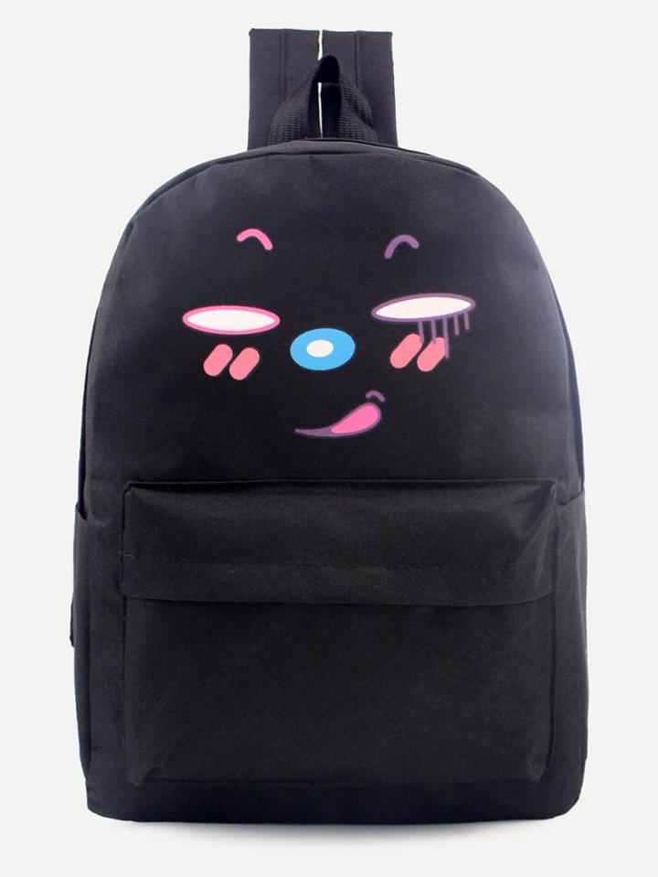 Romwe Black Cartoon Print Front Zipper Nylon Backpack