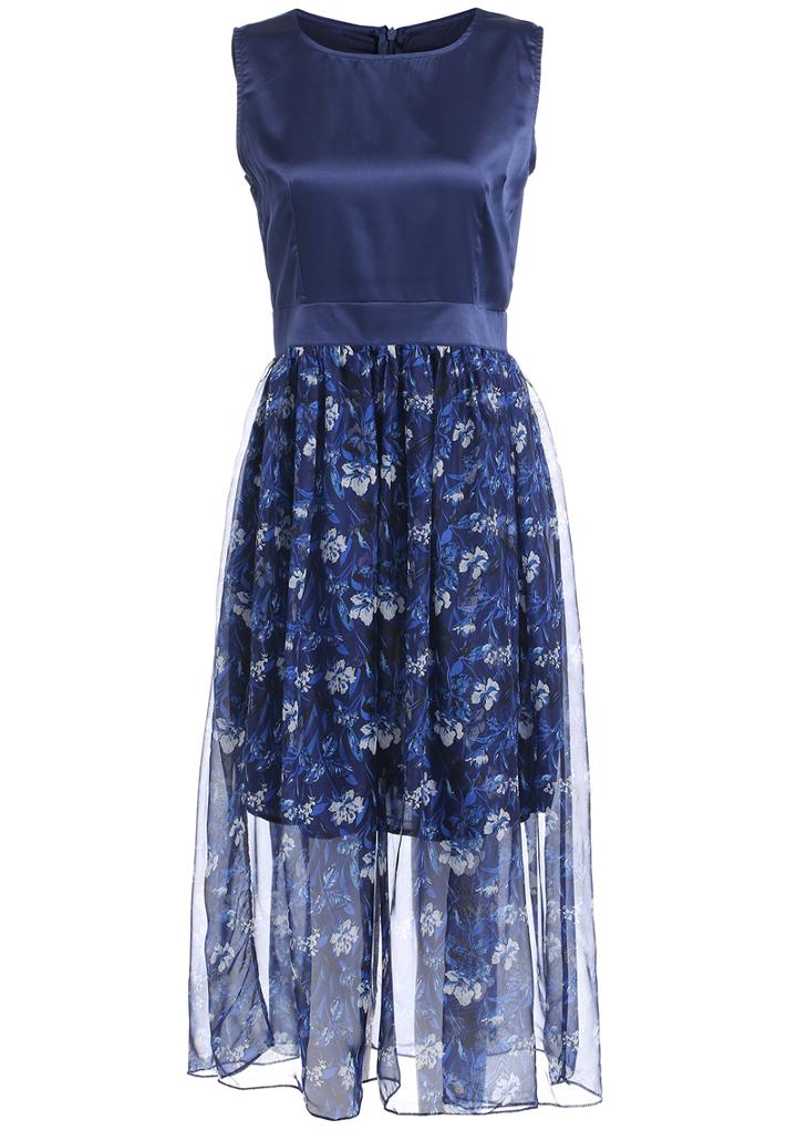 Romwe Round Neck With Zipper Flower Print Pleated Dress