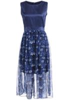 Romwe Round Neck With Zipper Flower Print Pleated Dress