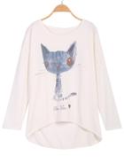 Romwe Cat Print Loose Sweatshirt