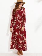 Romwe Flower Print Button Front Full Length Dress