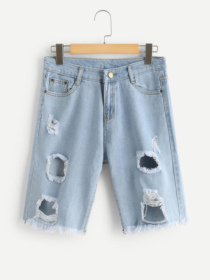 Romwe Destroyed Raw Hem Denim Shorts