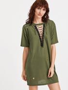 Romwe Army Green Ripped Lace Up Front T-shirt Dress
