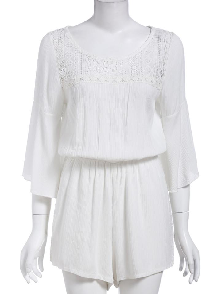 Romwe Bell Sleeve Lace Crochet Hollow White Romper