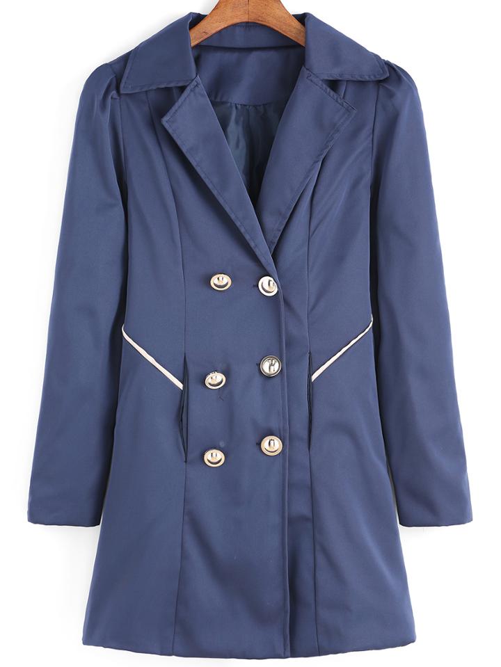 Romwe Lapel Double Breasted Navy Coat