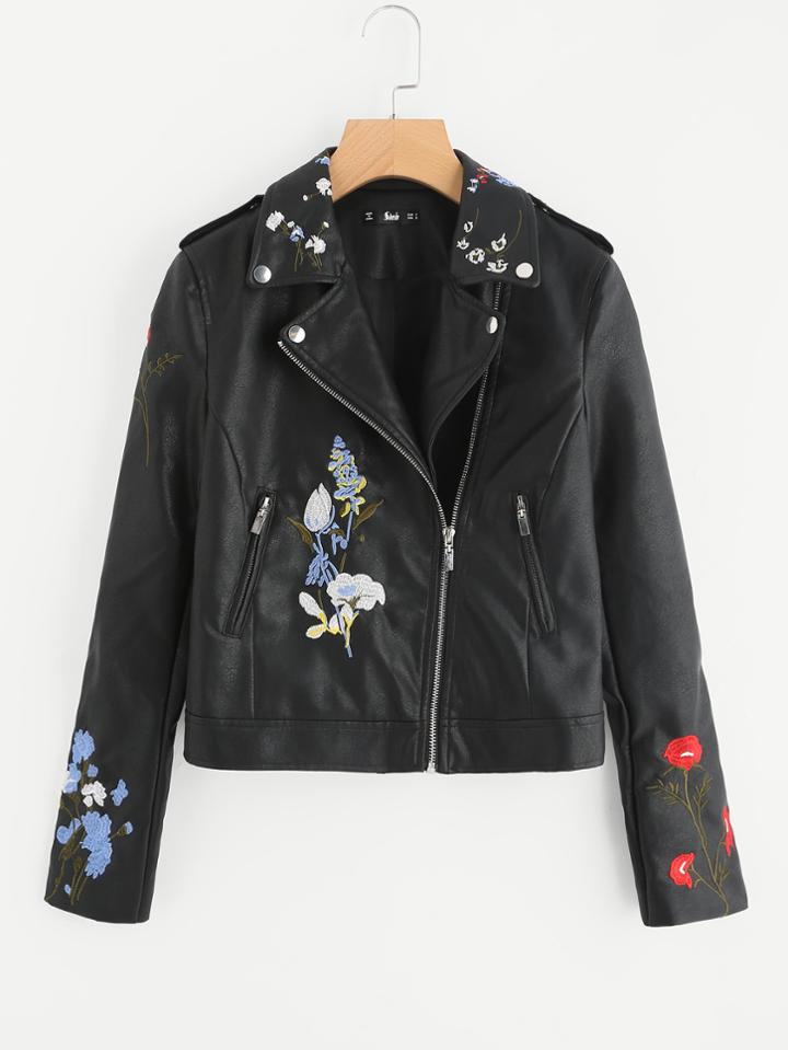 Romwe Botanical Embroidery Pu Biker Jacket