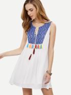 Romwe White Tie Tassel Lace Stitching Sleeveless Dress