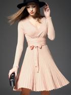 Romwe Pink V Neck Long Sleeve Tie-waist Knit Dress