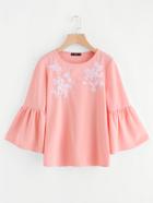 Romwe Flower Embroidered Trumpet Sleeve Top