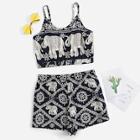 Romwe Elephant Print Knot Back Cami Top With Shorts