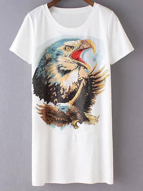 Romwe White Short Sleeve Eagle Printed T-shirt Dress
