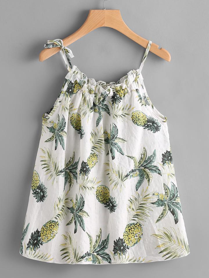 Romwe Pineapple Print Self Tie Shoulder Frill Cami Top