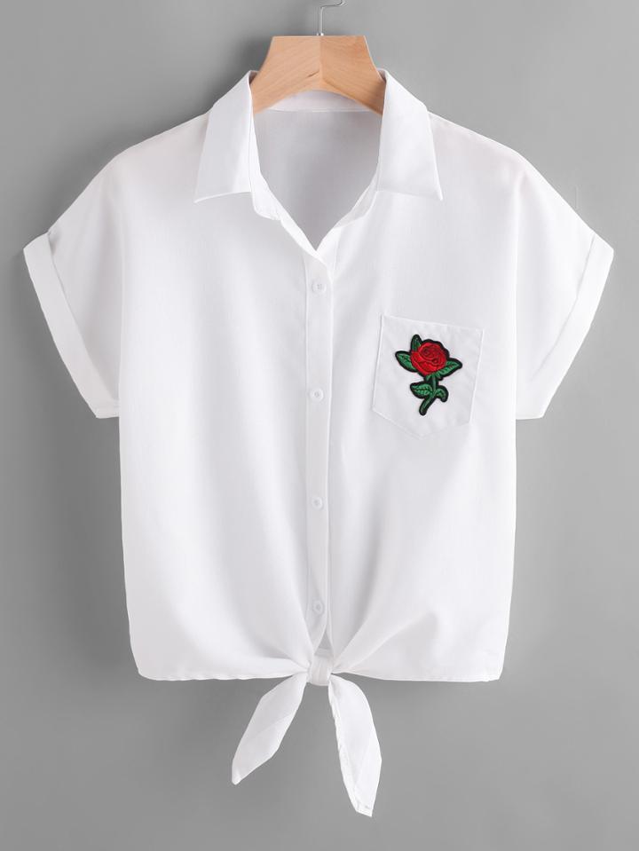 Romwe Rose Patch Tie Front Cuffed Shirt With Chest Pocket