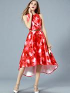 Romwe Red Round Neck Sleeveless Drawstring Print High Low Dress