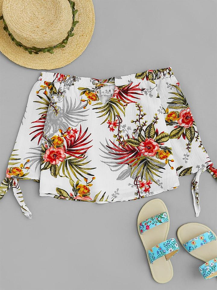 Romwe Off Shoulder Floral Print Random Knot Sleeve Top