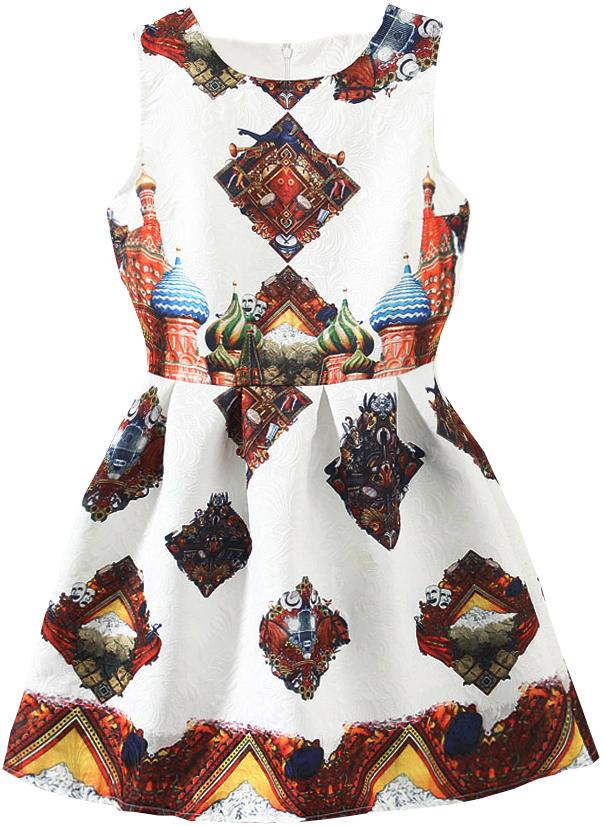 Romwe Round Neck Sleeveless Tribal Print Flare Dress