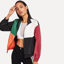 Romwe Zip Front Color Block Coat