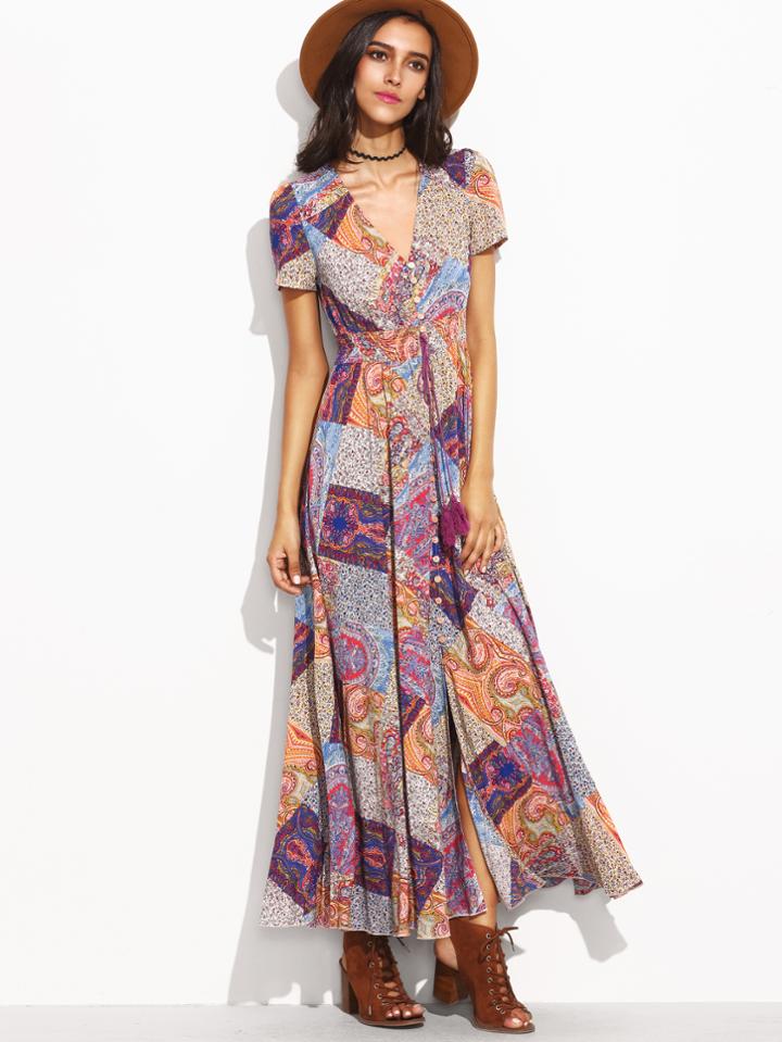 Romwe Vintage Print V Neck Drawstring Button Front Dress
