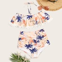Romwe Random Tropical Flounce Top With Ruched Bikini Set