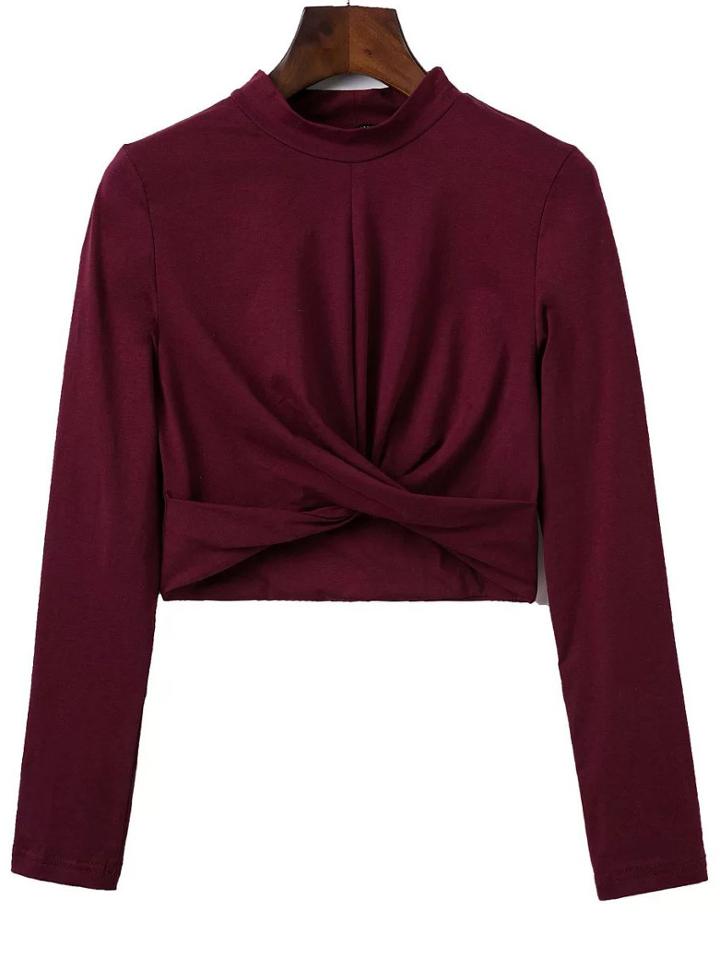 Romwe Burgundy Band Collar Overlap Front Crop T-shirt