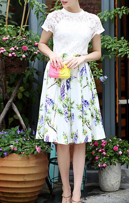 Romwe Lace Zipper Top With Florals Flare Skirt