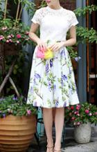 Romwe Lace Zipper Top With Florals Flare Skirt