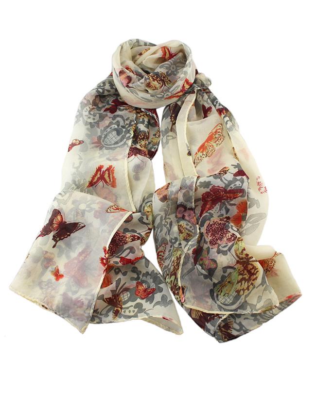 Romwe Gray Flower Butterfly Printed Voile Fashionable Scarf