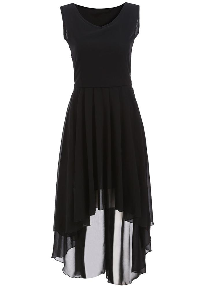 Romwe V Neck High Low Chiffon Black Dress
